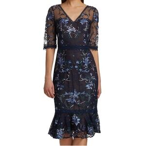 Marchesa Notte Short Sleeve Embroidered Cocktail Dress